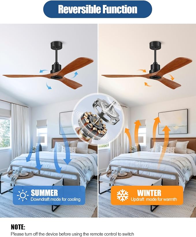 Ceiling Fans With Remote Control, Outdoor Ceiling Fan for Patios Indoor, 3 Downrods, 3 Blades, Timer, 6 Speed Reversible Quiet DC Motor Modern Fan Solid Wood Fan, 60in, Brown