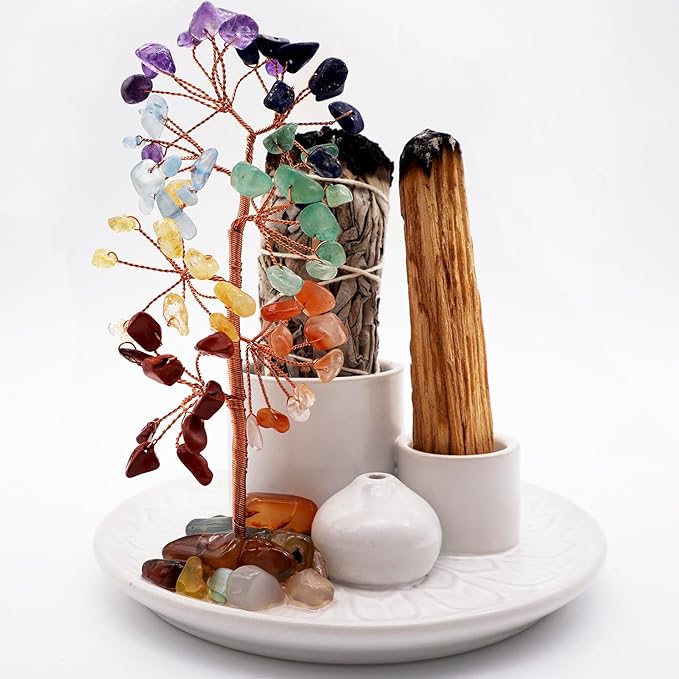 5 in 1 Incense Burner Holder with Crystal Healing Tree, Palo Santo Holder, Sage Holder, Incense Holder for Sticks/Cones/Candles, Ceramic Tray Ash Catcher for Burning Incense, Meditation Gift (White)