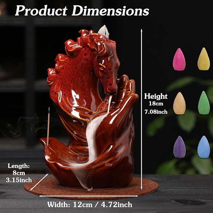 Horse Hand Incense Burner Holder - Ceramic Incense Waterfall Burner Horse, Backflow Horse Smoke Fountain Incense Holder with Cone & Stick Tweezer & Mat for Aromatherapy/Yoga/Home/Room Decor