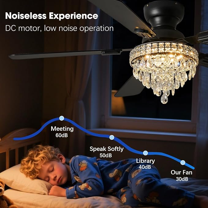 52“ Crystal Ceiling Fans with RGB Lights, Remote/App Control, Modern Fandelier Ceiling Fan Flush Mount, Reversible DC Motor, Dimmable, Bedroom Chandelier Fan, (Black)