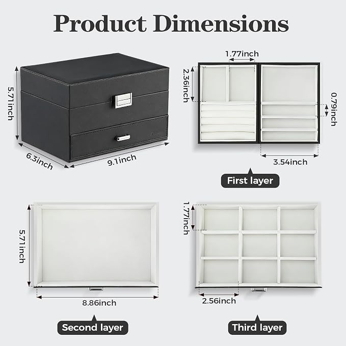 Dajasan Jewelry Organizer Box, Large Jewelry Boxes for Women Girls, Space-Saving 3 Layers Jewelry Storage Case with Drawer, Movable Metal Stand, Modern, Gift Idea (Black)