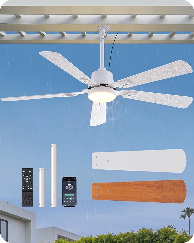 EDISHINE 52" Outdoor Ceiling Fan with Light, IP66 Waterproof Gazebo Hanging Fan, 5200 CFM, 3CCT, APP/Remote Control, 5 Wood Blade, 6-Speed Winds, Plug in Ceiling Fans for Patios Porch Pergola, White
