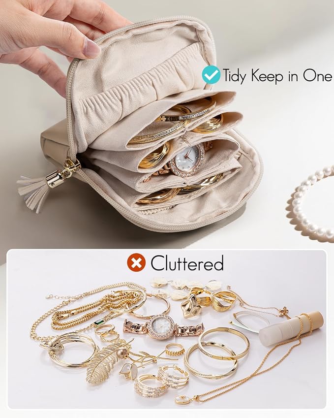 VLANDO Small Jewelry Travel Case,Gifts for Women,Jewelry Pouch Bags with Zipper,Velvet Jewelry Organizer Storage Bag for Bracelet Rings Earring-Toffee