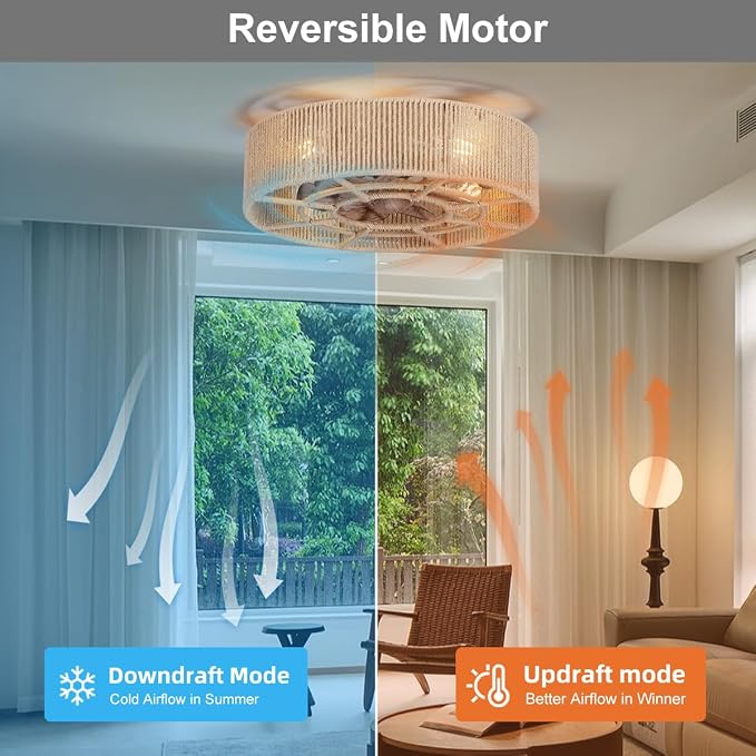 SHLUCE 18" Boho Caged Ceiling Fan with Light, Fandelier Flush Mount Ceiling Fan with Light, Small Low Profile Bladeless Ceiling Fans with Lights and Remote for Bedroom, Living Room, Rattan - ETL