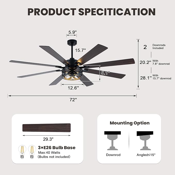 Dawn Whisper Black Ceiling Fans with Lights 72 Inch Farmhouse Ceiling Fan with Remote Quiet Reversible DC Motor 6 Speeds 8 Blades Large Industrial Chandelier Fan for Living Room Bedroom