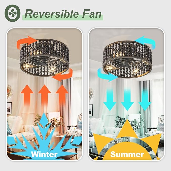 Ceiling Fans with Lights and Remote - Bulbs Included, Caged Fandelier with Handcrafted Beaded Décor 19 inches Reversible Flush Mount Installation Ceiling Fan, Gloss Black