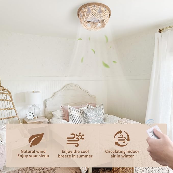 20" Boho Ceiling Fan with Light, Coastal Fandelier Ceiling Fans with Lights and Remote Control,Caged Wood Beaded Flush Mount with 6 Speeds for Living Room Bedroom Nursery