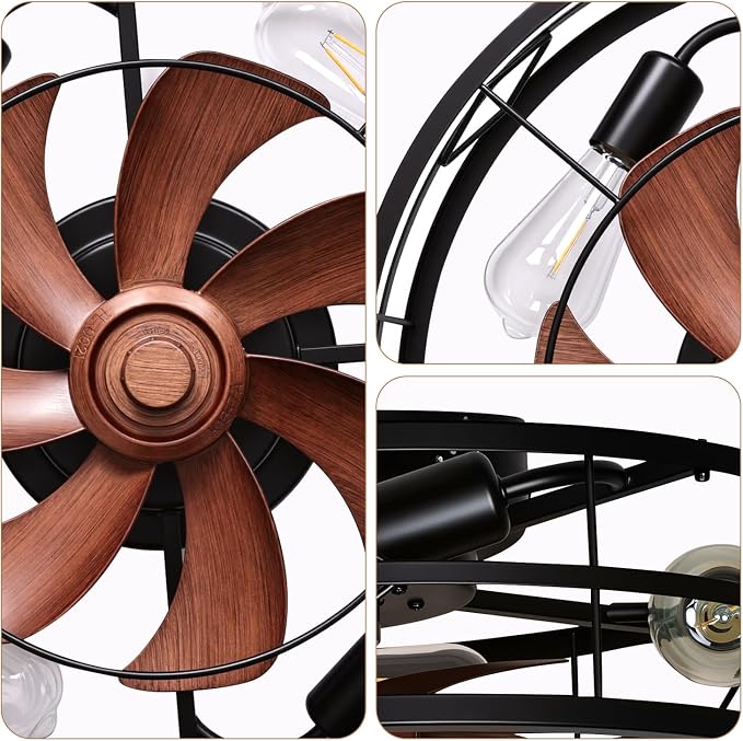 TCL 20 Inch Caged Ceiling Fans with Lights and Remote, Fandelier Ceiling Fan,Low Profile Flush Mount Fandelier, Rustic Farmhouse Style for Kitchen,Bedroom,Living Room,Easy to Install