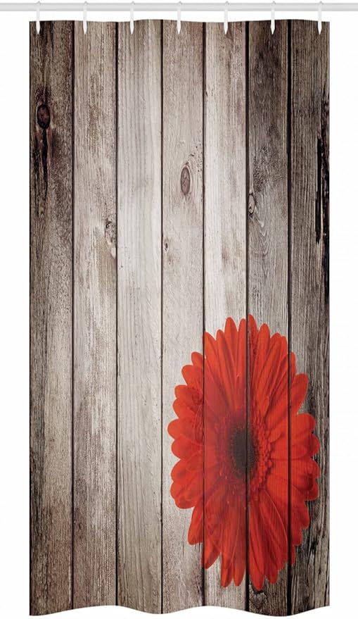 Ambesonne Rustic Stall Shower Curtain, Flower Red Dahlia on Foreground of Murky Featured Dated Wooden Board Retro Art Print, Fabric Bathroom Decor Set with Hooks, 36" W x 72" L, Brown