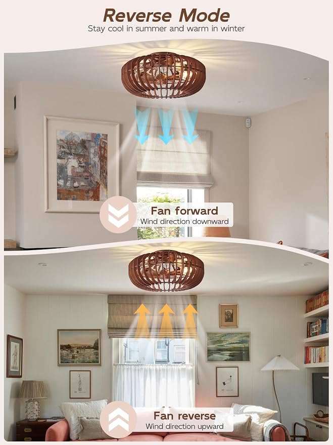 20" Wood Ceiling Fans with Lights Flush Mount, Caged Farmhouse Rustic Ceiling Fan with Light Remote Control, Wooden Low Profile for Bedroom, Living Room, Nursery