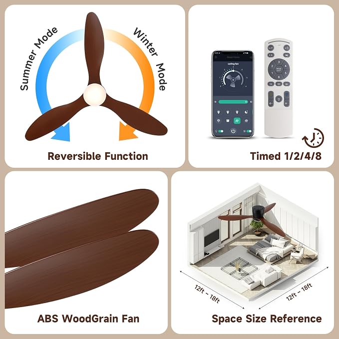 Low-Profile Ceiling Fan with Light - 52 Inch Flush Mount Modern Ceiling Fans with Remote Control/App, Dimmable 3CCT, 35W DC Motor, for Indoor Bedroom Living Room