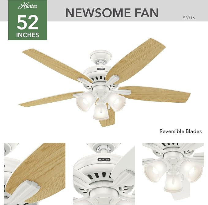 Hunter 52 inch Indoor Ceiling Fan with LED Lights - White Ceiling Fan with Pull Chain, For Bedroom or Living Room, Standard Mount, No Remote, 5 Blades, Includes Bulbs - Newsome 53316, Fresh White | Standard Mount, Pull Chain, 5 Blades, For Bedroom, Liv...
