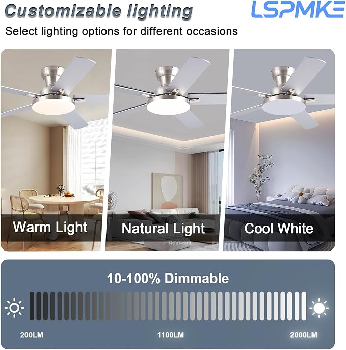 Ceiling Fans with Lights, 52 inch Flush Mount Ceiling fan with Remote Control, Low Profile Ceiling Fan for Bedroom, Farmhouse, Reversible, 3CCT, Dimmable, Noiseless DC Motor, Nickel