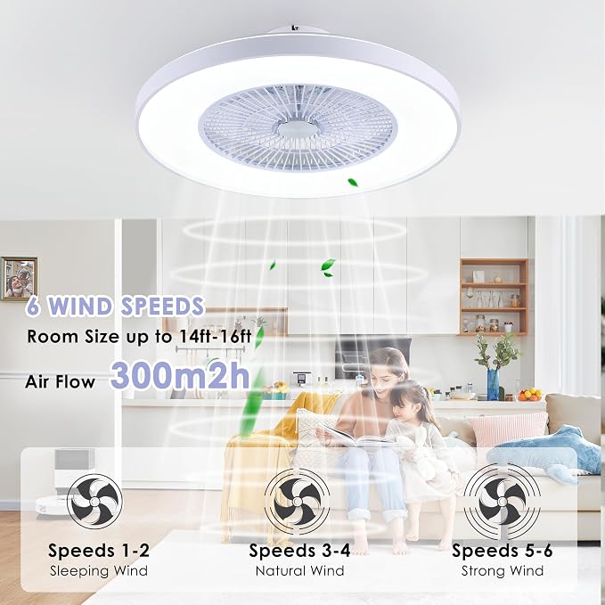 24" Bladeless Ceiling Fans with Lights and Remote/APP/Voice Control, Low Profile Ceiling Fan with RGB Lights, Enclosed Flush Mount Ceiling Fan for Kid's Bedroom/Living Room