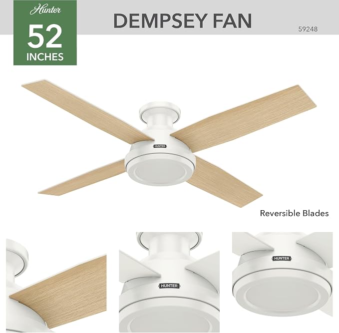 Hunter Dempsey, Indoor, Ceiling Fan, No Light, Modern, 52 inch, Fresh White | Low Profile Mount, Remote Control, 4 Blades, For Bedroom, Living Room, Kitchen, 59248