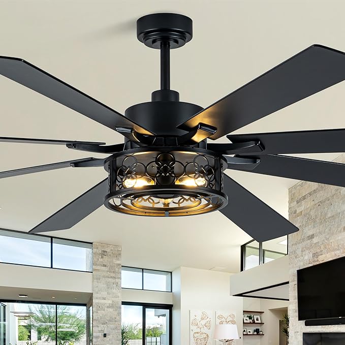 Dawn Whisper 72 Inch Ceiling Fans with Lights Black Farmhouse Ceiling Fan with Remote Quiet Reversible DC Motor 6 Speeds 8 Blades