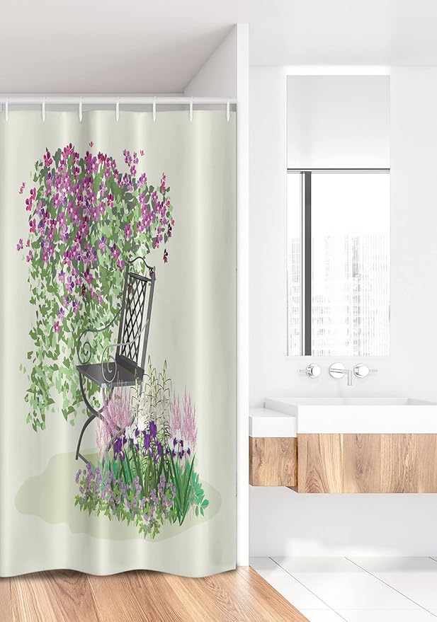 Ambesonne Garden Stall Shower Curtain, Island for Relaxing in The Garden Among The Flowers Blooming Summer Day Art, Fabric Bathroom Decor Set with Hooks, 36" W x 72" L, Purple Green
