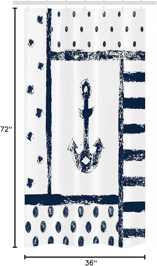 Ambesonne Anchor Stall Shower Curtain, Grunge Murky Boat Marine Silhouette Polka and Stripe Retro Navy Theme Art, Fabric Bathroom Decor Set with Hooks, 36" W x 72" L, Dark Blue White
