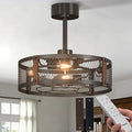 Passky 20 Inch Farmhouse Caged Ceiling Fans with Lights and Remote, Black Downrod Mount Bladeless Fandelier, 6 Speeds Bladeless Ceiling Fan Light for Bedroom, Kitchen, Living Room, Indoor