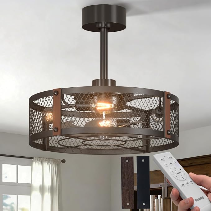 Passky 20 Inch Farmhouse Caged Ceiling Fans with Lights and Remote, Black Downrod Mount Bladeless Fandelier, 6 Speeds Bladeless Ceiling Fan Light for Bedroom, Kitchen, Living Room, Indoor