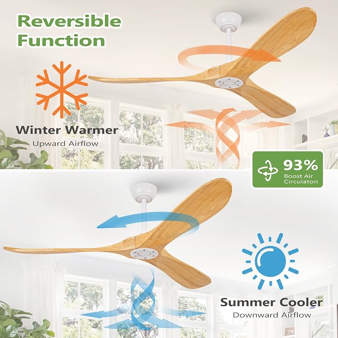 60 Inch Natural Wood White Ceiling Fan No Light,Propeller Outdoor Ceiling Fans Without Lights with Wall Switch and Remote Control,Quiet DC Motor,3 Blades Ceiling Fan for Patios,Pavilion