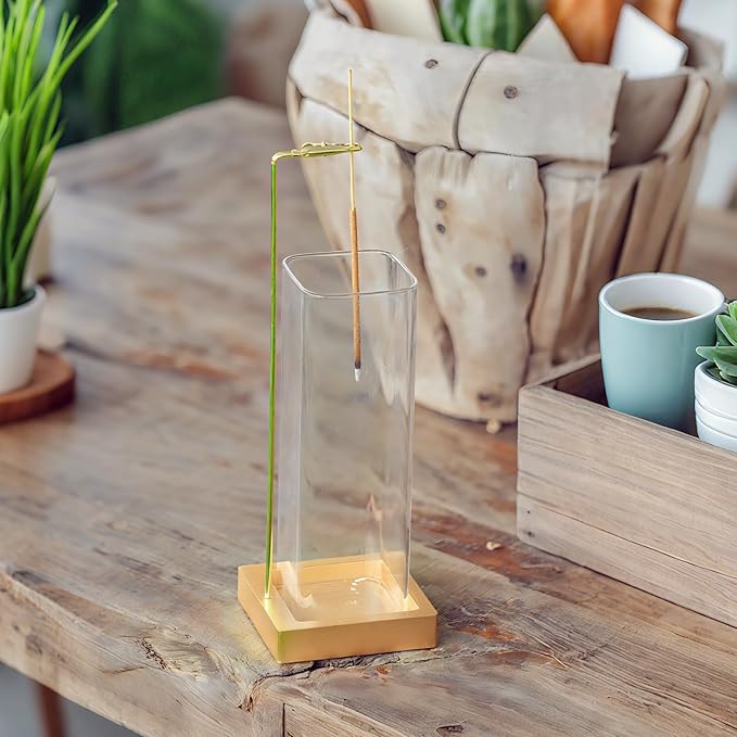 Incense Holder, Metal Incense Holder for Sticks with Glass Ash Catcher, Anti-Ash Incense Burner for Meditation Yoga Spa Room Décor (Golden)