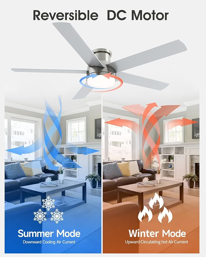 52 Inch Flush Mount Brushed Nickel Ceiling Fan with Light and Remote | 6-Speed Quiet Reversible DC Motor, Dimmable 3CCT LED, 3 Timing Settings, 5-Blade Modern Design, Indoor or Covered Outdoor Use