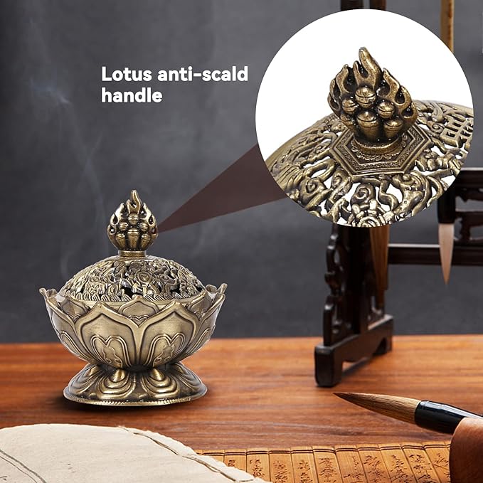 Vintage Backflow Incense Burner Bowl, Lotus Incense Holder Charcoal Censer Ash Catcher Stick Cone Reel Incense for Powder Cone or Coil Incense (Bronze)