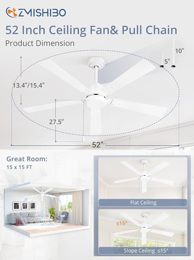 ZMISHIBO 52 Inch Ceiling Fans without Lights, White Ceiling Fan with Pull Chain, 6-Speeds, Quiet DC Motor, Remote Control, Outdoor Ceiling Fan for Patios, Living Room, Kitchen, Shop