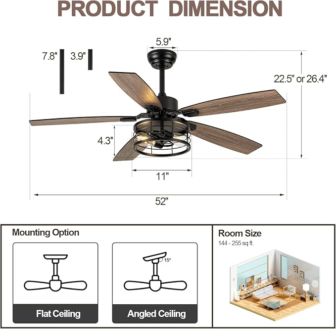 52 Inch Farmhouse Ceiling Fan with Light and Remote Black Industrial Ceiling Fan Quiet and Reversible DC Motor Rustic Caged Chandelier Fan for Living Room Bedroom Patio