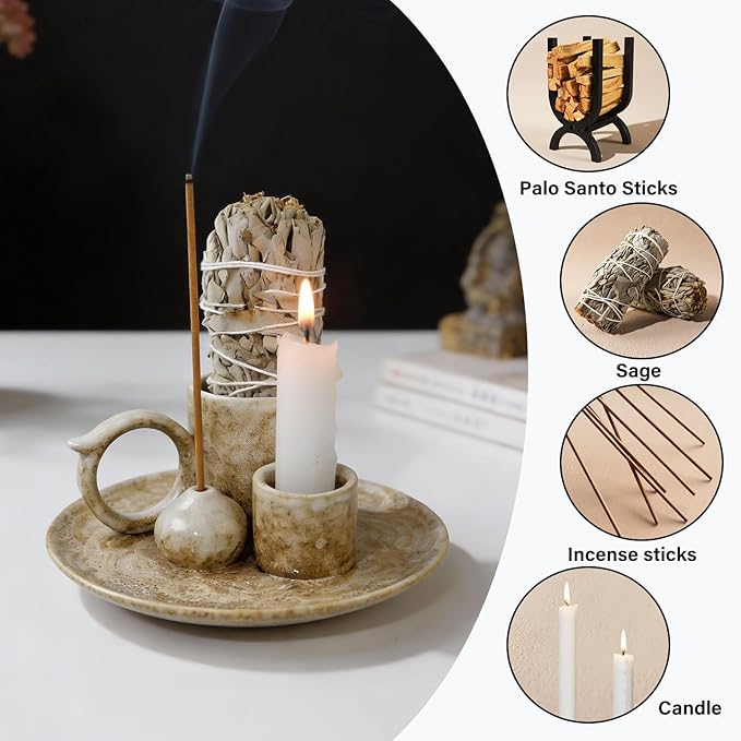 Tnstbiee 4.1-Inch 5-in-1 Ceramic Smudge Bowl-Versatile Incense Stick Holder and Smudging Dish for Palo Santo and Sage–Ideal for Zen Altar, Meditation,Yoga, and Aromatherapy–Easy to Clean Brown Design