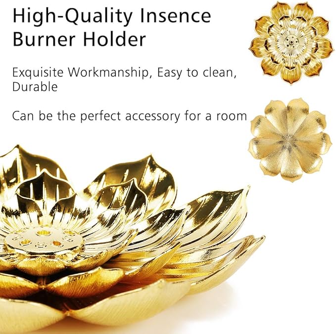 Accmor Zinc Alloy Incense Holder, Lotus Stick Incense Burner, Incense Holder for Stick/Coil/Cone Incense with Ash Catcher, Gold