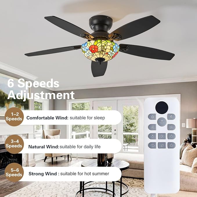 Tiffany Ceiling Fans with Lights - 48" Ceiling Fan Chandelier with 5 Dual-Blades and Glass Shade, 6 Speeds and Reversible, Indoor and Outdoor, Retro Style