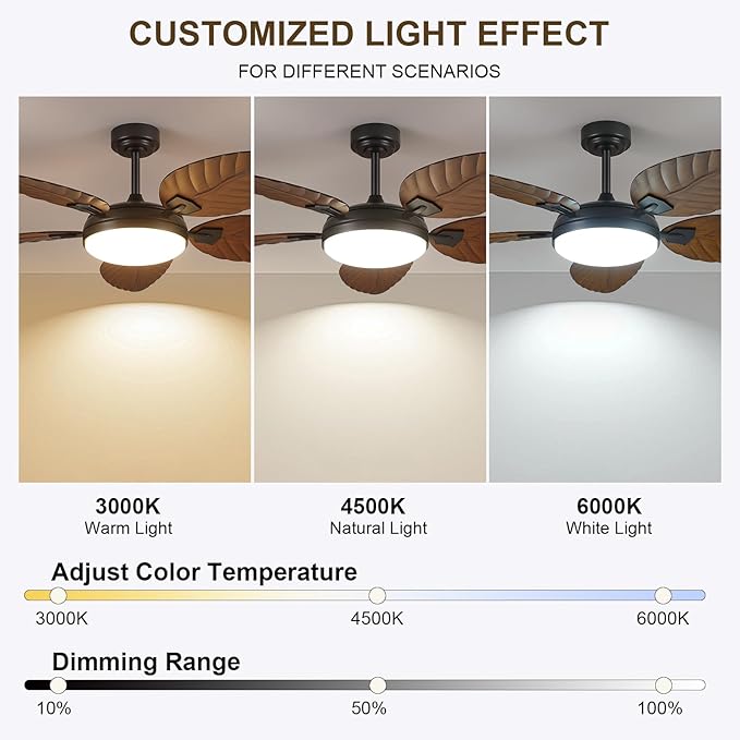 52"Brown Tropical Outdoor Palm Leaf Ceiling Fans with Lights and Remote | Supports Remote and APP, 6 Wind Speeds, Reversible, Dimmable 3CCT LED, 50W Quiet DC Motor,Suits for Living Room Bedroom Patio