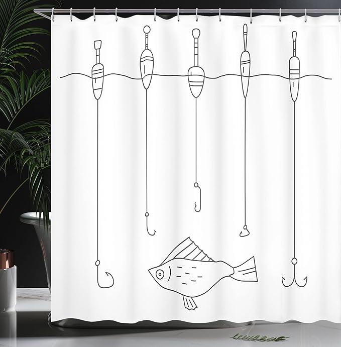 Ambesonne Nautical Shower Curtain, Fishing Tackle Floaters Hooks Fishing Gear Equipment Doodle Style Art, Cloth Fabric Bathroom Decor Set with Hooks, 69" W X 75" L, Grey Charcoal