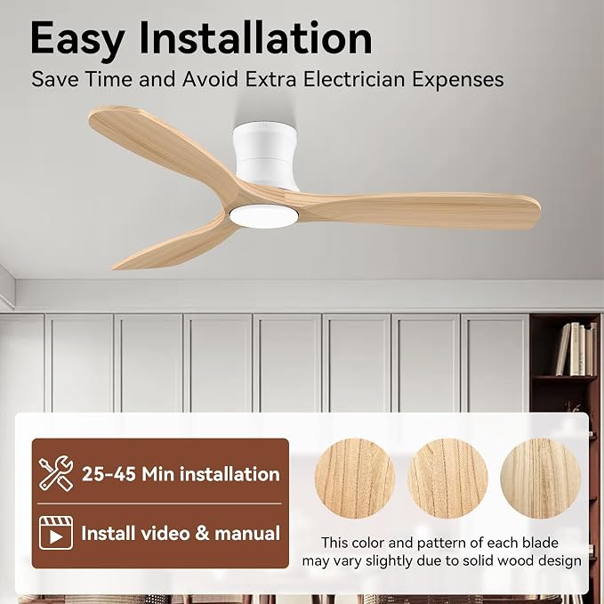 Livory 52” Wood Smart Flush Mount Ceiling Fans with Lights and Remote,Quiet DC Motor,Outdoor Indoor Ultra Low Profile Ceiling Fan works with Alexa WIFI APP,Modern White Ceiling Fan for Bedroom Patio