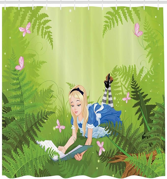 Ambesonne Alice in Wonderland Shower Curtain, Alice Reading Book in Forest Butterfly Nature Magic Love Theme, Cloth Fabric Bathroom Decor Set with Hooks, 69" W x 75" L, Green Pink