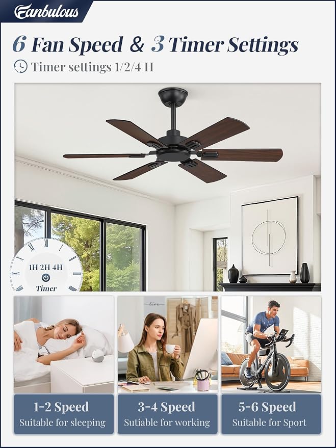 Fanbulous 42 Inch Ceiling Fans No Light with Remote, Modern Ceiling Fan Without Light, Dual Finish 6 Blades, Reversible Quiet DC Motor, 6 Speed, Large Ceiling Fan for Indoor or Outdoor, Black