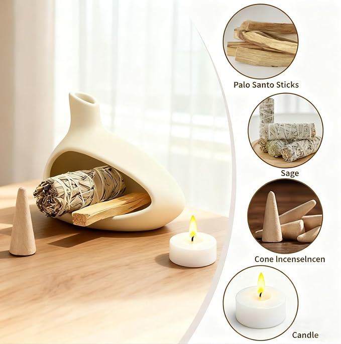 Palo Santo Holder, Ceramic Incense Burner for Sticks Sage Holders Cone Burning Smudge Bowl with Ash Brush for Meditation Yoga Spa Room Decor (Yellow)