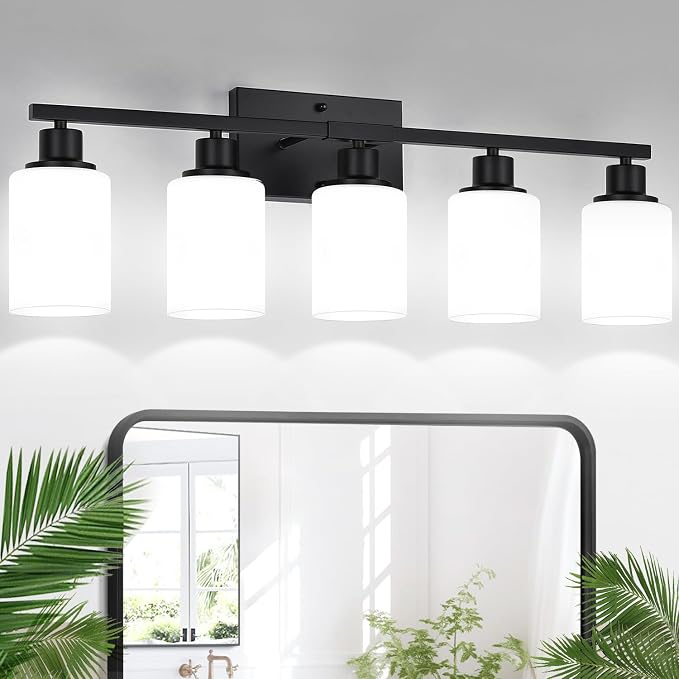 Indoi 5-Light Bathroom Light Fixtures, Matte Black Modern Vanity Lights with Milky White Shades, Bathroom Wall Lamp for Mirror Living Room Cabinet Bedroom Porch
