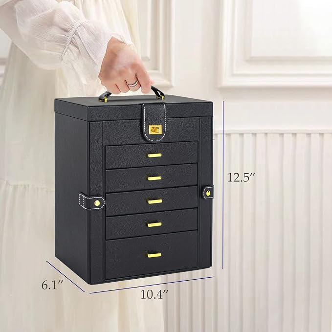 AKOZLIN 6-Tier Jewelry Box Organizer Functional 5 Drawers Leather Jewelry Storage Case for Women Girls Ring Necklace Earring Bracelet Holder Organizer with Mirror Black Large