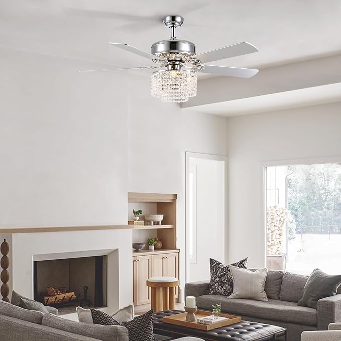 52 Inch Crystal Ceiling Fan with Light and Remote Control, Modern Chandelier Fan with 5 Reversible Wood Blades Chrome Fandelier for Living Room Bedroom (Fine line Crystal-Ceiling Fan)