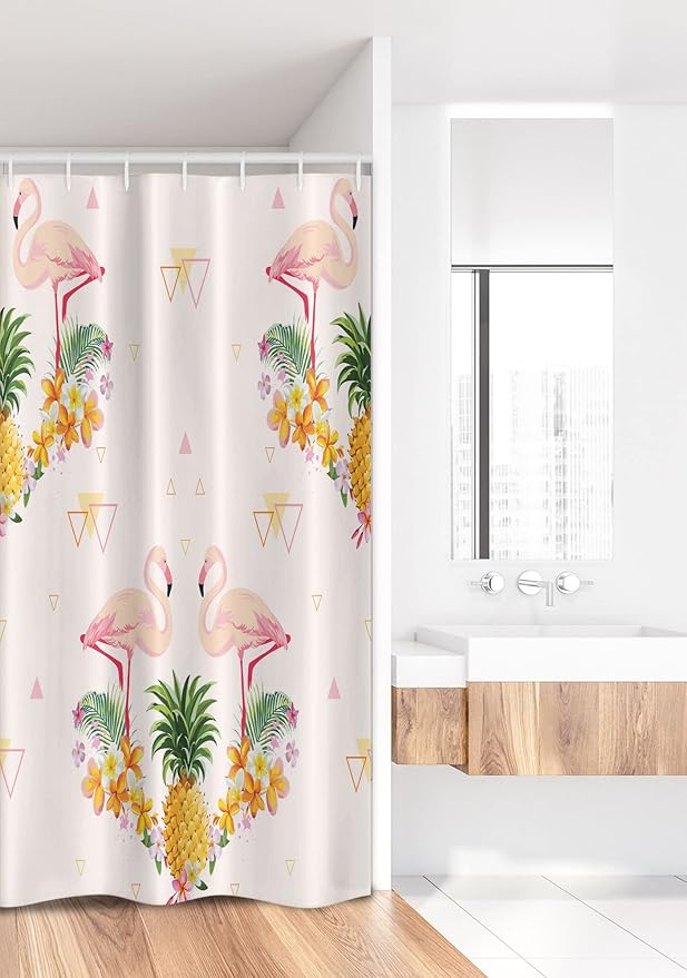 Ambesonne Flamingo Stall Shower Curtain, Floral Bird Motifs with Pineapple Hawaiian Flowers Bananas Triangles Retro, Fabric Bathroom Decor Set with Hooks, 36" W x 72" L, Pink Orange