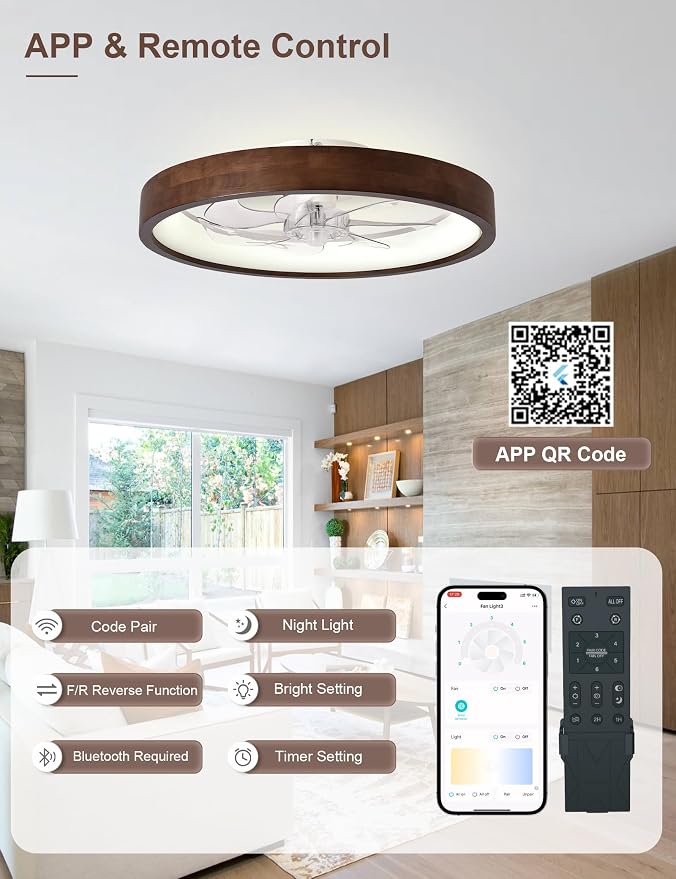 24'' Ceiling Fan with Light Fandelier Flush Mount Low Profile Wood Ceiling Fan with Dimmable LED Light 3 Color 6 Speeds