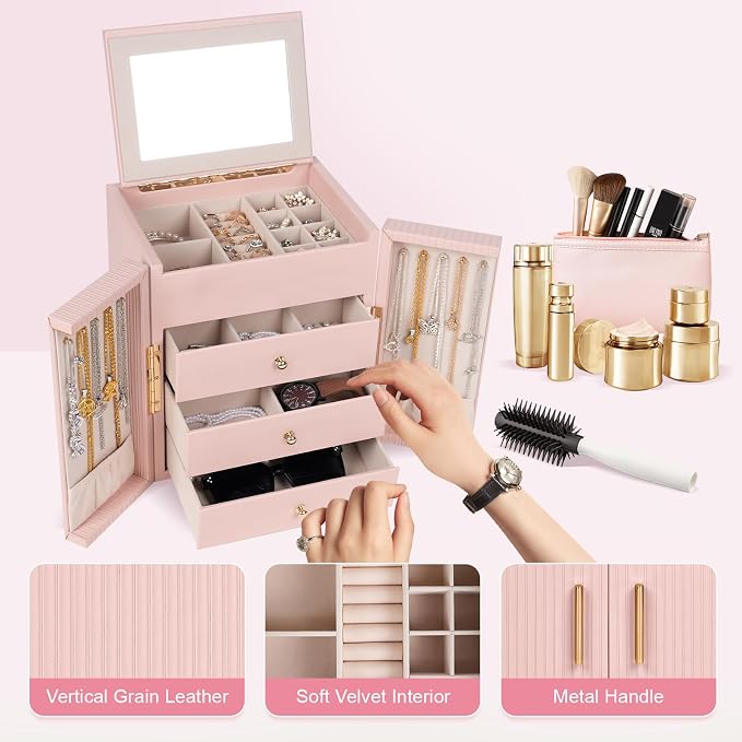 Dajasan Large Jewelry Box Organizer, Jewelry Storage with 3 Drawers, Huge Jewelry Box with Mirror, Gift Idea for Women, Girls, Double Door, Textured PU Leather Surface, Stylish (Pink + Gold)