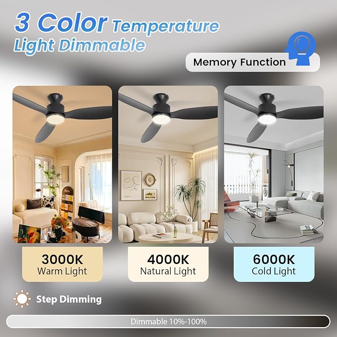 Flush Mount Ceiling Fan with Light and Remote, 52 inch Low Profile Ceiling Fans with Remote, 3 Color Light, 6 Speed, DC Motor, (ABS, Classic Black)