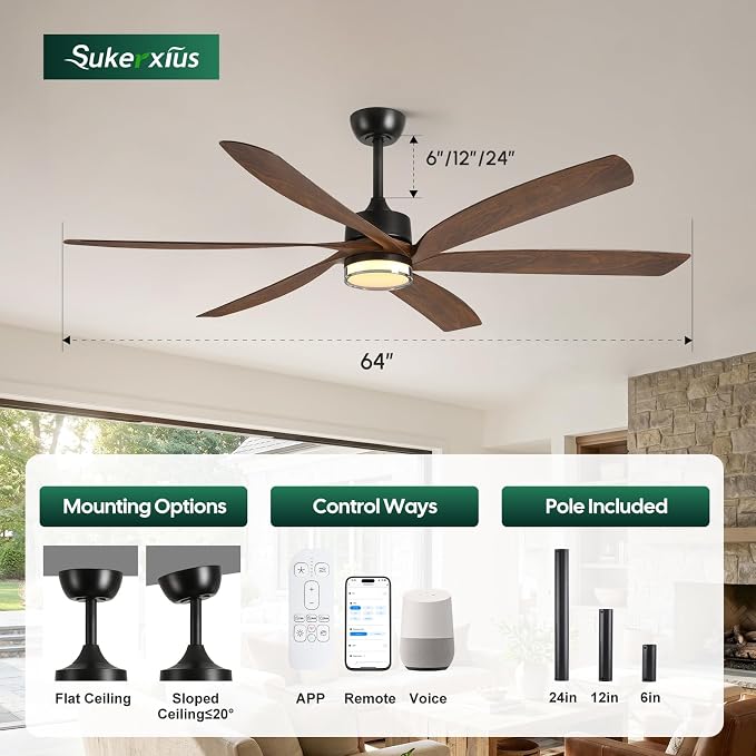64 inch Smart Outdoor Ceiling Fan with Light for Patio, 6 Blades 8282 CFM Large Airflow, Alexa/APP/Remote Control, ETL Listed Quiet Reversible DC Motor, for Indoor Covered Gazebo Farmhouse, Brown