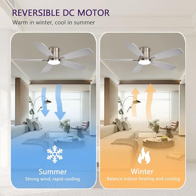 FUMLTP 52 inch Ceiling Fans with Lights, Flush Mount Ceiling Fan with Light and Remote/APP Control, DC Motor, Dimmable LED, Noiseless, Low Profile Ceiling Fan for Bedroom Indoor/Outdoor Use (Nickel