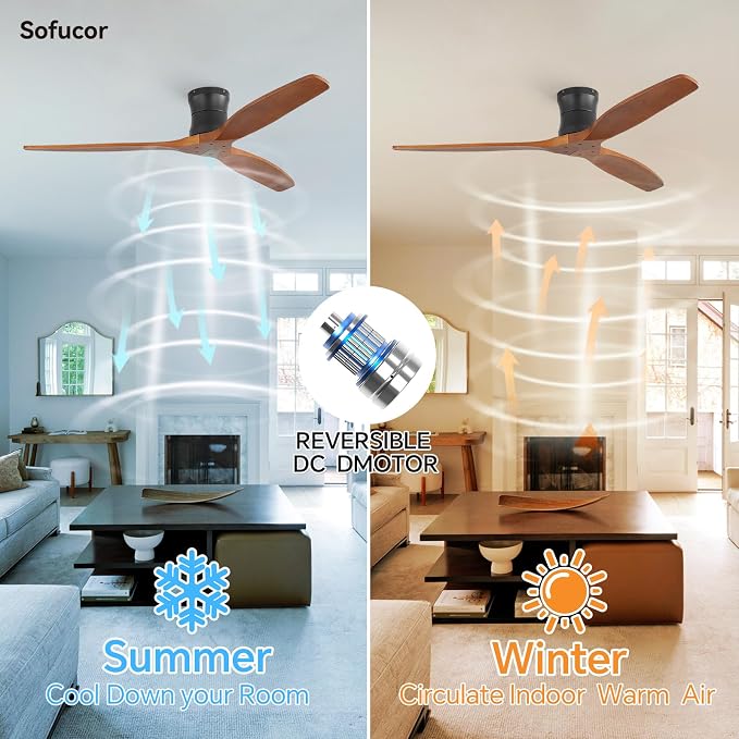 Sofucor 52" Solid Wood Ceiling Fan No Light, Low Profile Flush Mount Ceiling Fan with Remote, Outdoor Modern Ceiling Fan 6-Speed Timing Reversible DC Motor Noiseless for Living Room Bedroom Patio
