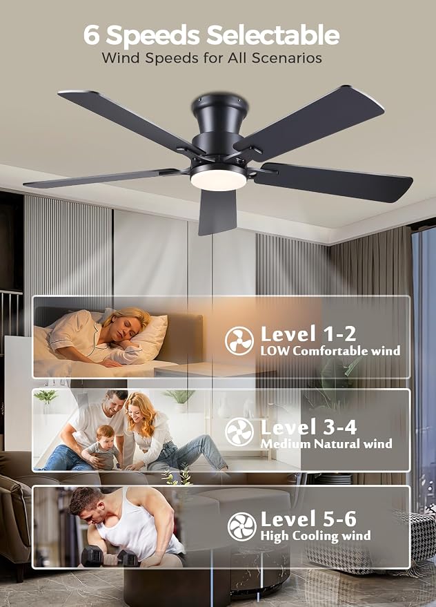 JSAITEE 52" Ceiling Fans with Lights Flush Mount Low Profile, Black | Ceiling Fans with Lights Flush Mount Ceiling Fan,Low Profile,Reversible Motor,3CCT Dimmable,Noiseless, 6 Speeds, Black Modern